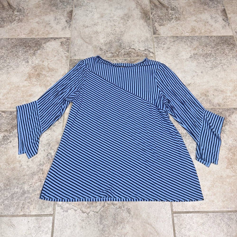 Chicos Shirt Womens 3 Blue Striped Diagonal Bell Sleeves Longform Top
